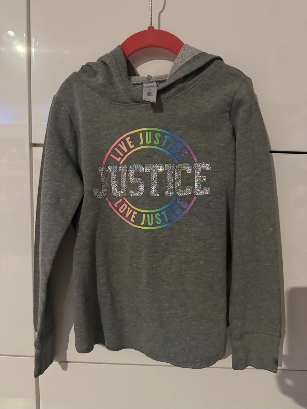 Justice Girls Gray Hoodie with Rainbow Glitter Logo